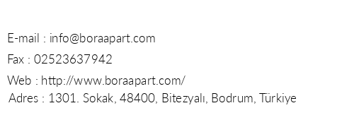 Bora Bora Apart Otel telefon numaralar, faks, e-mail, posta adresi ve iletiim bilgileri